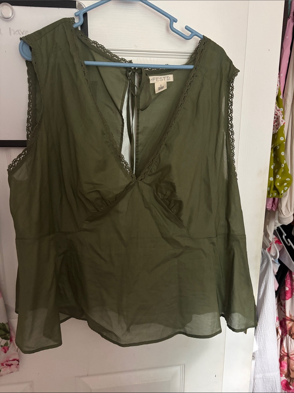 FESTI Olive Green Sleeveless V-Neck Lace Trim Top from torrid